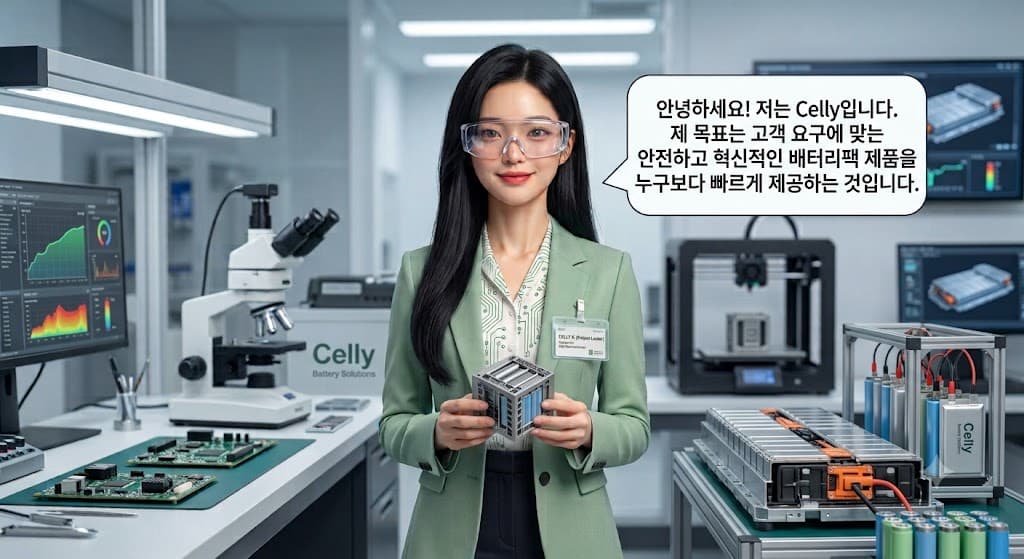 AI 설계 도우미 쎌리 — 배터리 랩에서 배터리 모듈을 들고 인사하는 모습
